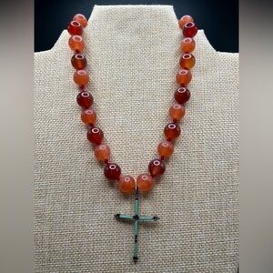 Vintage Necklace Carnelian Beads Hand Knotted Lucky Brand turquoise cross